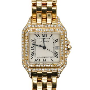 Cartier Panthere 18k Gold and Diamond Watch: DESCRIPTION: A Cartier Panthere Ladies watch decorated with a diamond bezel amounting to approx. 2cts, Quartz movement with white enamel face and black Roman numerals. Completed with a panthere link