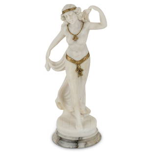 "Salome" Alabaster Statue Attributed To Vittorio: DESCRIPTION: Alabaster statue of Salome attributed to Vittorio Caradossi. Highly detailed topless figure wears gilt headband, necklace, and waistband and holds a scarf in both hands as she walks on a