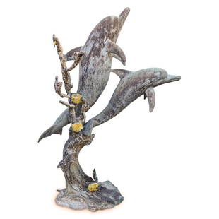 Tropical Dolphin & Reef Fish Garden Fountain: DESCRIPTION: Bronze sea life themed garden fountain depicting two naturalistic swimming dolphins with coral reef and tropical fish accents, raised on a wave formed base. Pipe attachment at bottom of