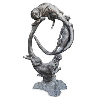 Monumental Bronze Otter Garden Statue: DESCRIPTION: Monumental bronze garden statue depicting naturalistic otters swimming in a circular form with intricate cast facil and paw details. CIRCA: 20th Cent. DIMENSIONS: H: 76" x W: 29" x L: