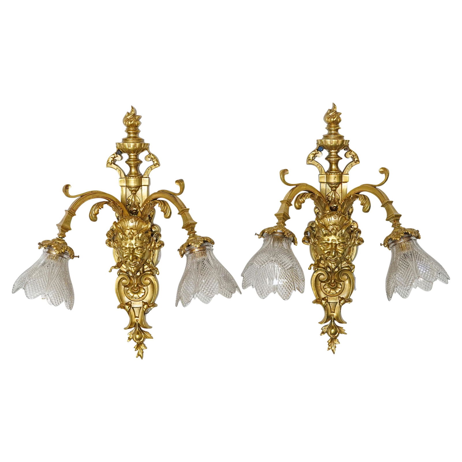 2 Pc) French Gilt Bronze & Glass Wall Sconces (1 of 7)