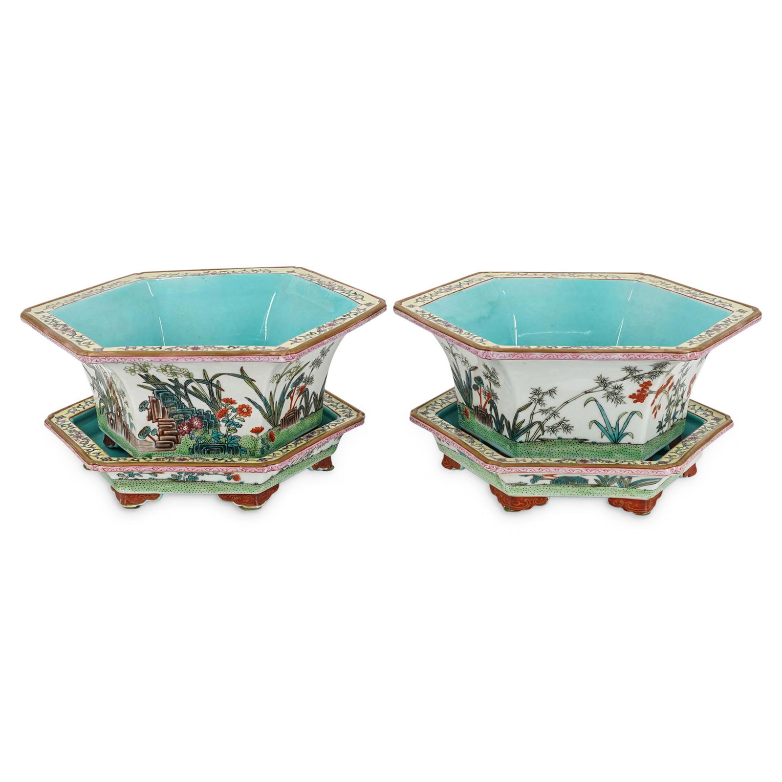 (2 Pc) Famille Rose Jardiniere With Underplates (1 of 10)