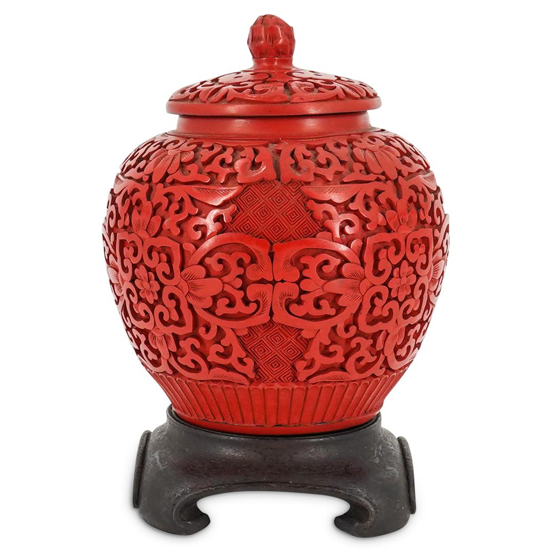 Antique Chinese Carved Cinnabar Lacquer Lidded Pot On (1 of 5)
