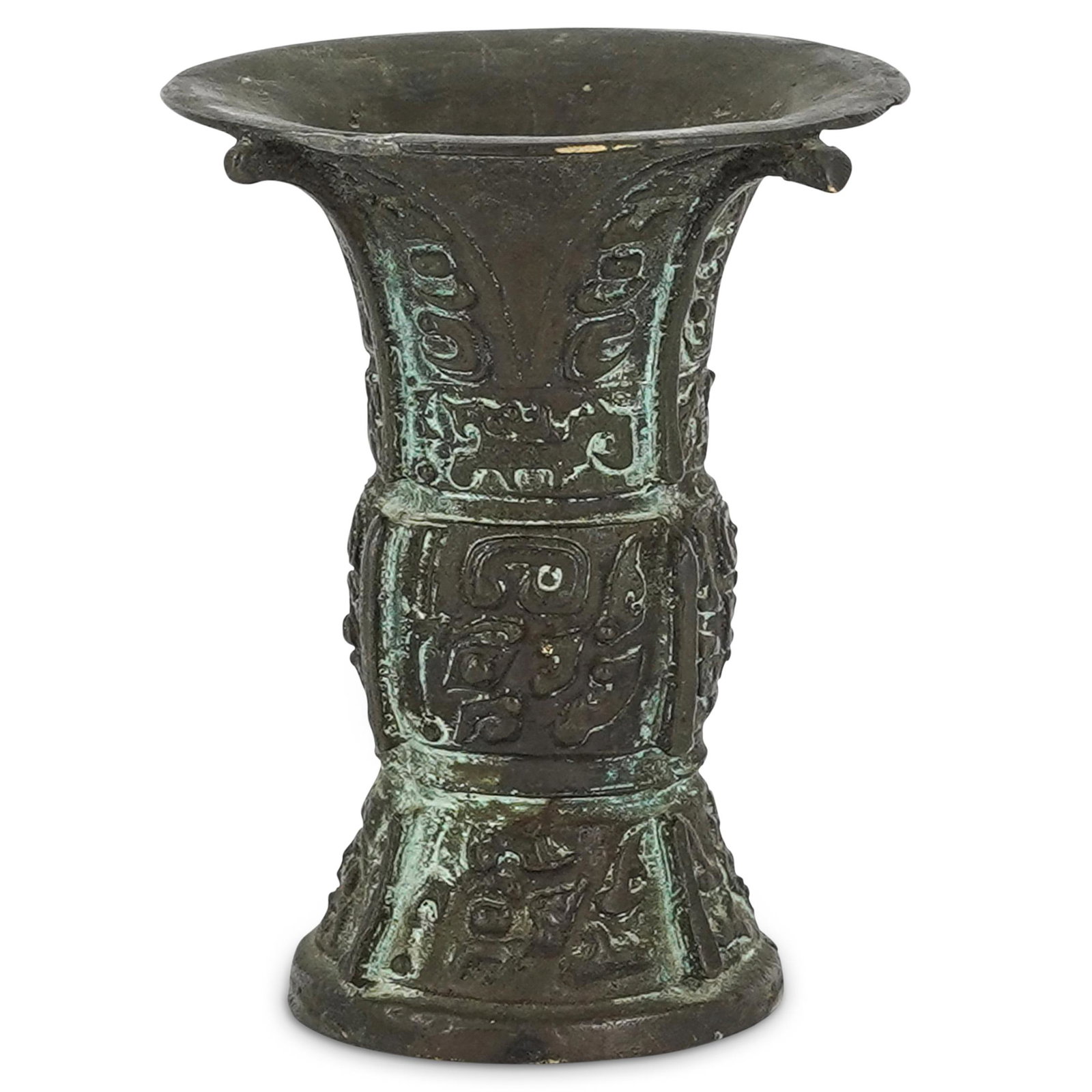 Antique Chinese Bronze Zun Wine Vessel: DESCRIPTION: Bronze zun wine vessel with various abstract shapes on the sides, some resembling animals, and four segmented ribs on its sides. CIRCA: 18th Century, possibly older ORIGIN: China DIMENSIO