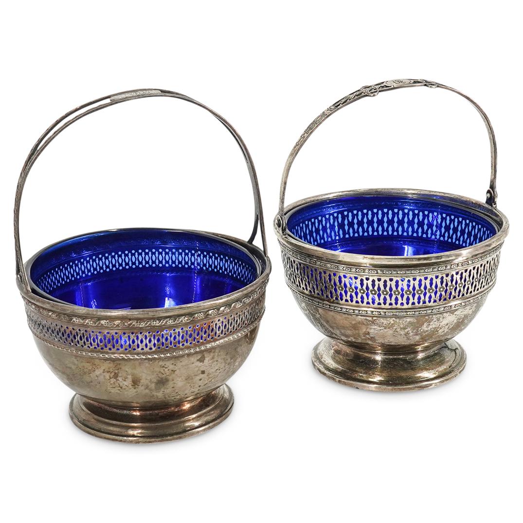 (2 Pc) Sterling Silver Basket Bowls w/ Blue Glass (1 of 5)