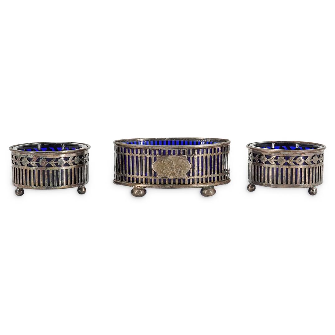(3 Pc) Sterling Silver Cellars w/ Blue Glass Inserts (1 of 8)