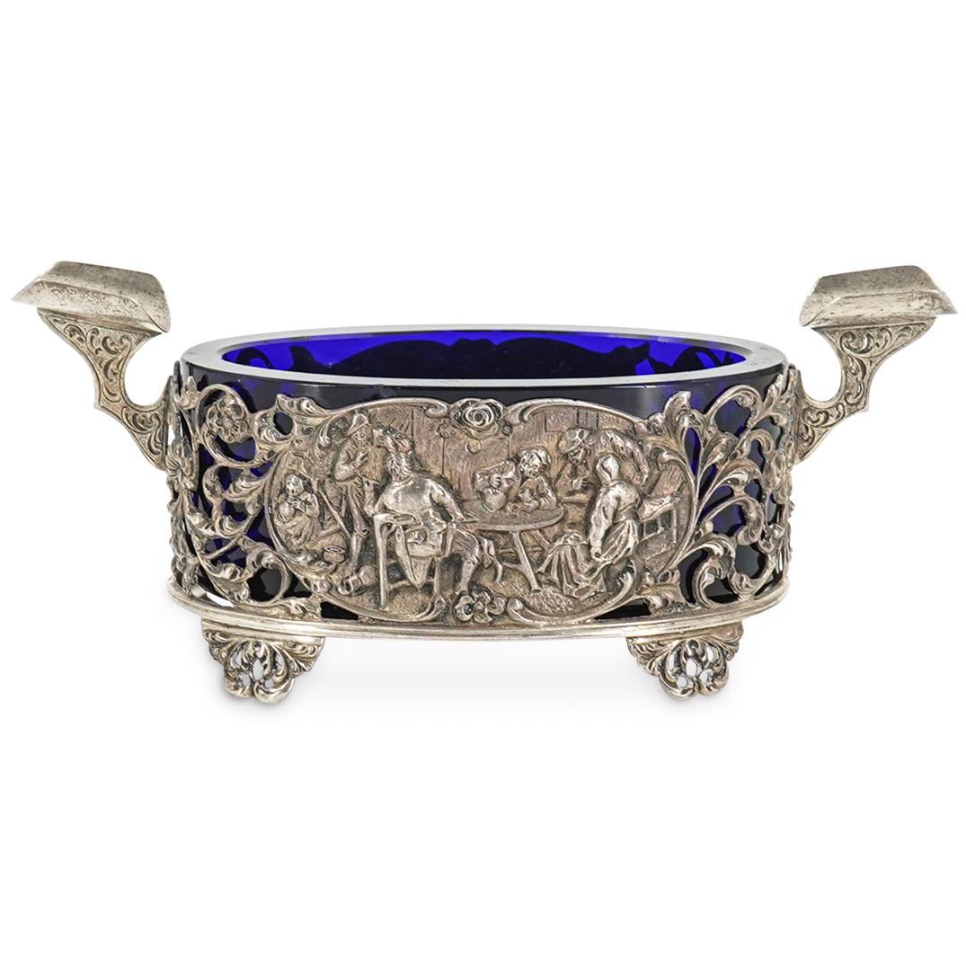 800 Dutch Silver Ashtray w/ Cobalt Blue Glass Insert (1 of 4)