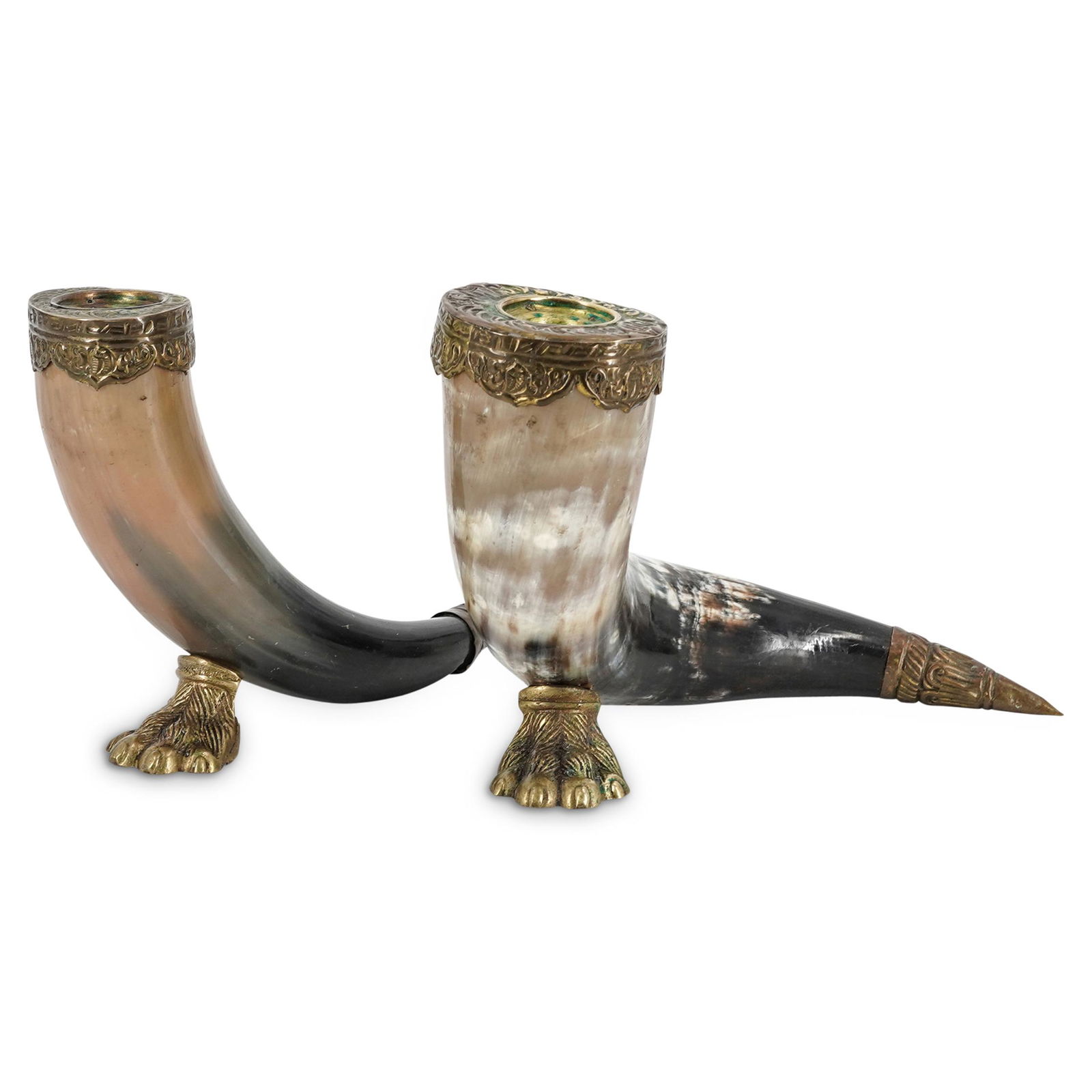 (2 Pc) Brass Decorated Horn Candlesticks (1 of 8)