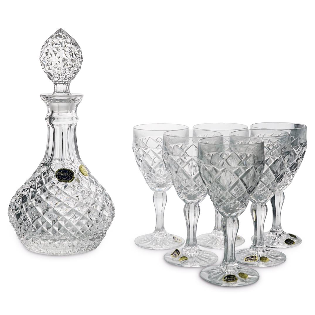 (5 Pc) Bohemia Crystal Decanter & Stemware Set: DESCRIPTION: (5 Pc) A Bohemia crystal decanter & stemware set with diamond cut glass design. Includes: One (1) crystal decanter and four (4) wine footed glasses. All five pieces are marked with a "Boh