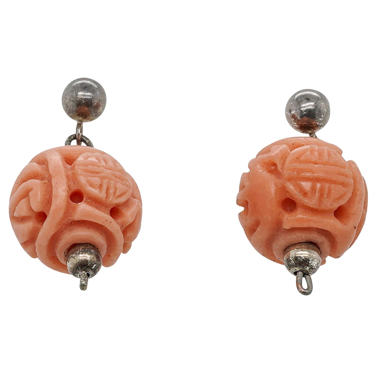 Chinese Carved Red Coral Earrings (1 of 2)