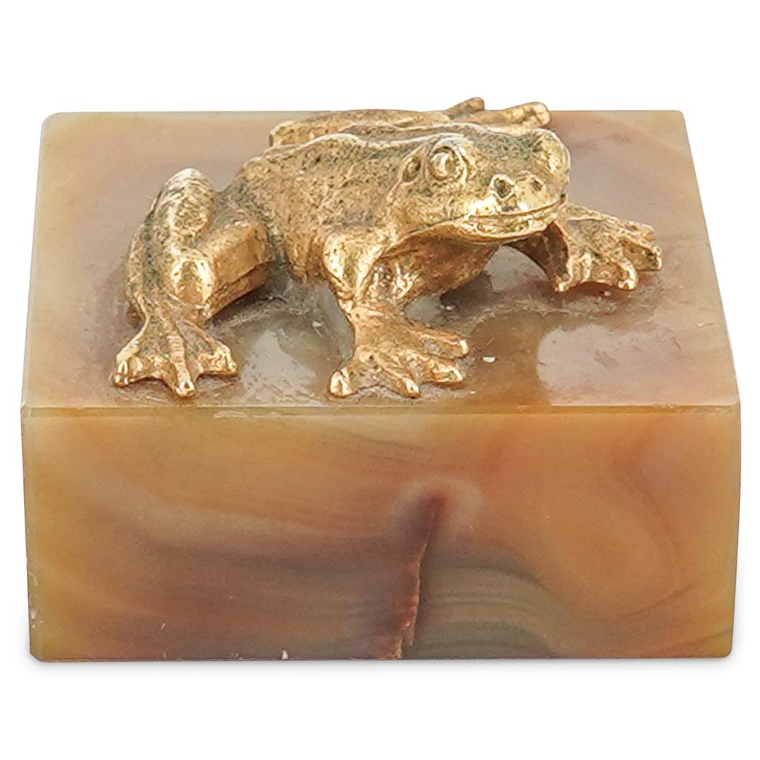 Antique Gilded Bronze Frog On Agate Paperweight (1 of 5)