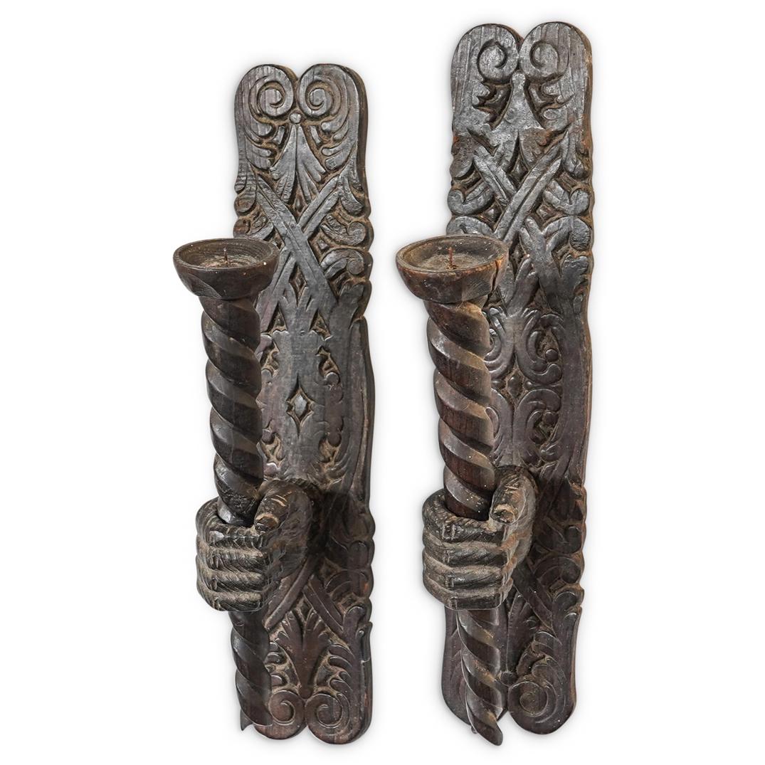 (2 Pc) Spanish Hand-Carved Wooden Sconces (1 of 4)