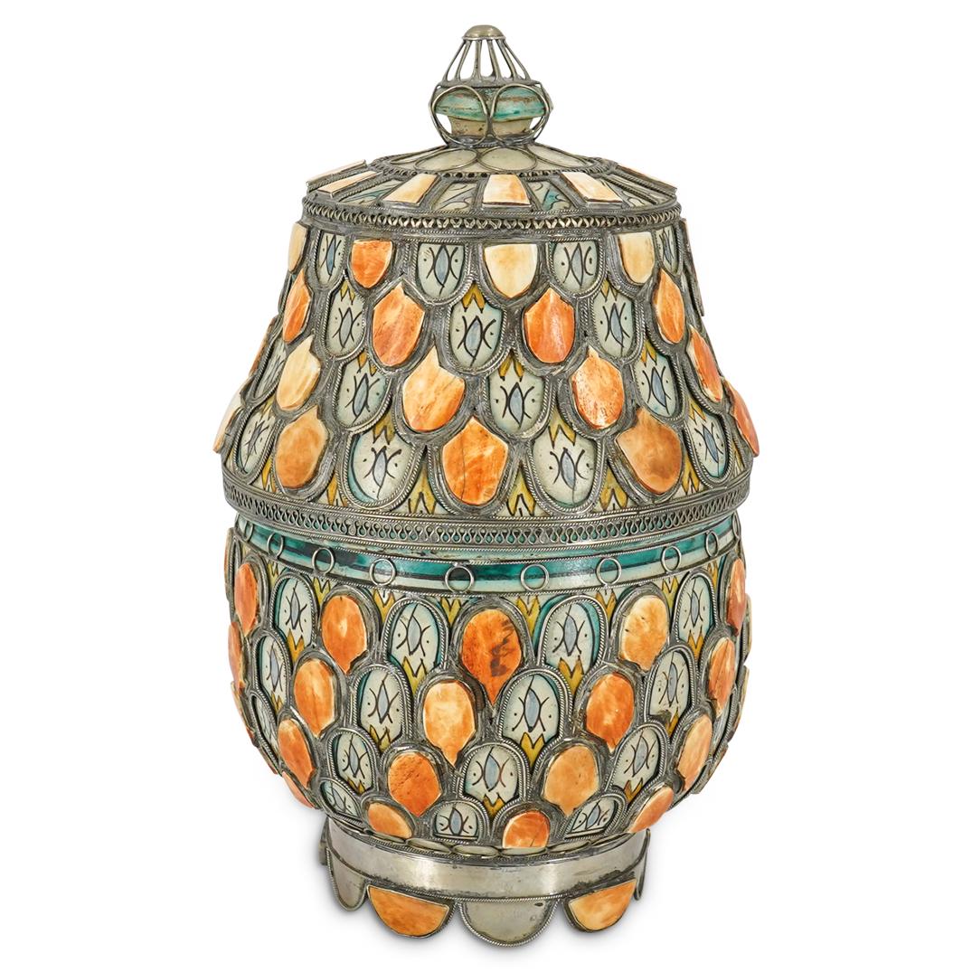 Moroccan Ceramic & Camel Bone Lidded Bowl: DESCRIPTION: A Moroccan ceramic lidded bowl with ornate metal decorations and camel bone decorative accents. Marked with a hand written number on the underside that reads: "N.86900AB". CIRCA: 20th Cen