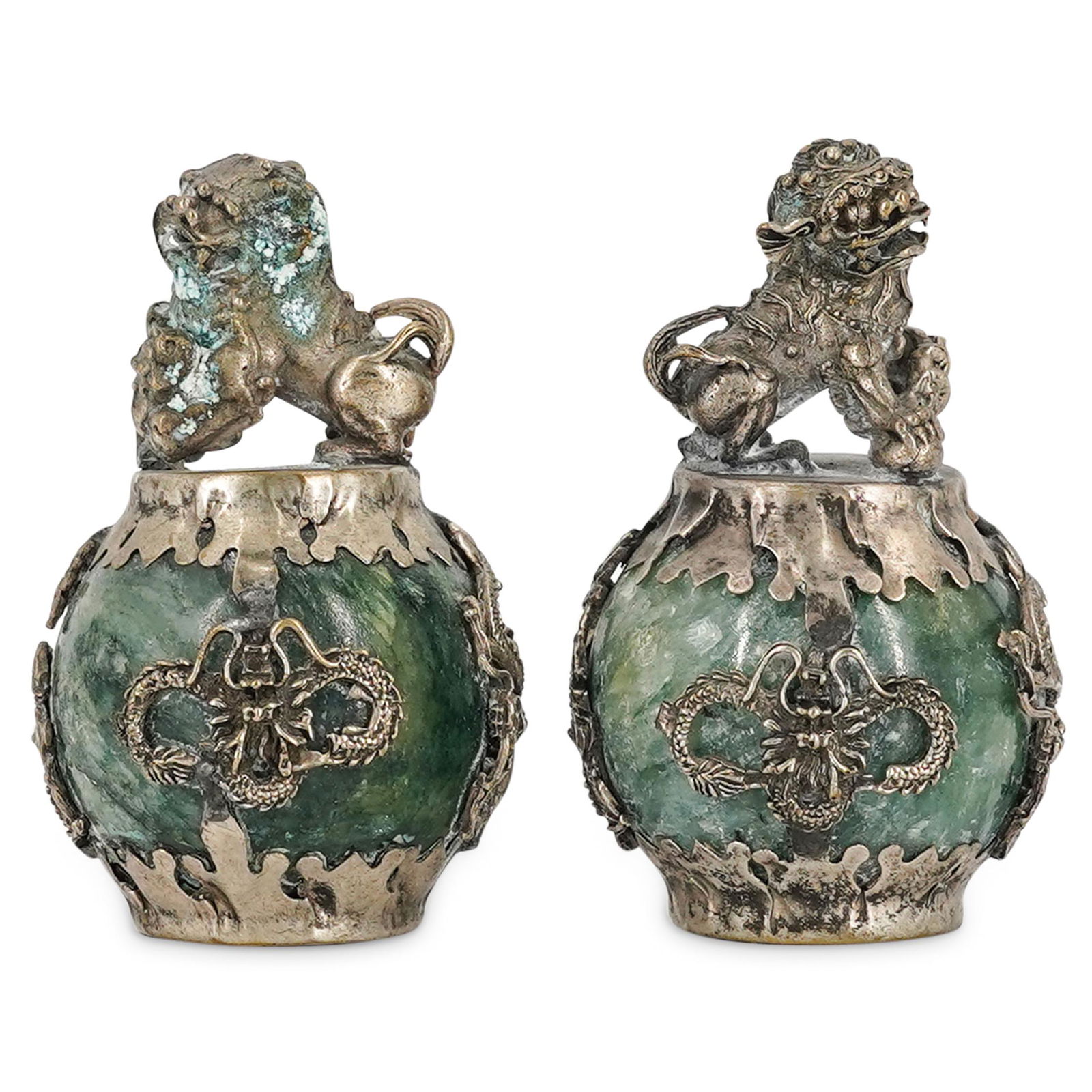 Pair of Chinese Silver Mounted Marble Foo Dogs (1 of 6)