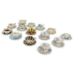 (14 Pc) Porcelain Tea Cups Grouping Set Collection: DESCRIPTION: (14 Pc) A porcelain grouping set collection of fourteen (14) tea cups with assorted patterns and makers. Thirteen (13) tea cups are made in England and one (1) is made in Czechoslovakia.