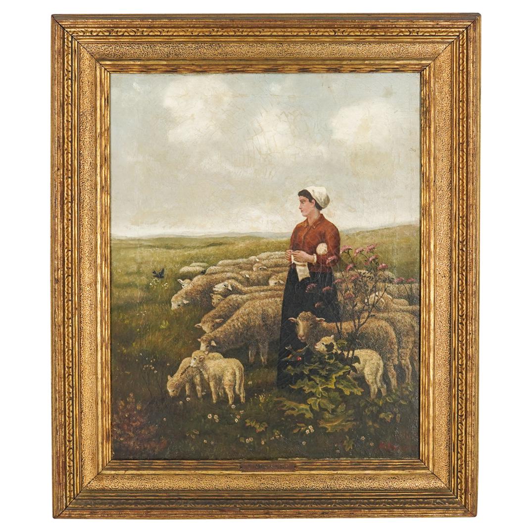 P. Bruner Signed Oil Painting: DESCRIPTION: An antique P. Bruner signed oil painting on canvas depicting a shepherdess watching over her flock. Signed "P. Bruner" on the lower right bottom corner. Signed. CIRCA: 20th Century. DIMEN