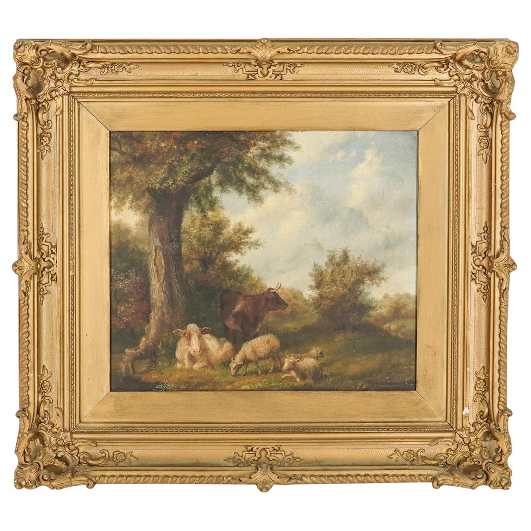 Antique Cattle & Sheep Landscape Oil Painting (1 of 4)