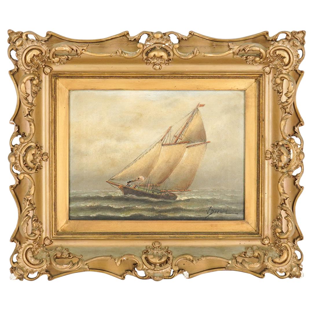 V. Dorain Oil on Canvas Seascape Painting: DESCRIPTION: An antique oil on canvas painting by V. Dorain. Depicts a seascape with sailing vessel coming out of a storm, executed in greys, white, dark blue and black hues. Signed lower right: "V. D