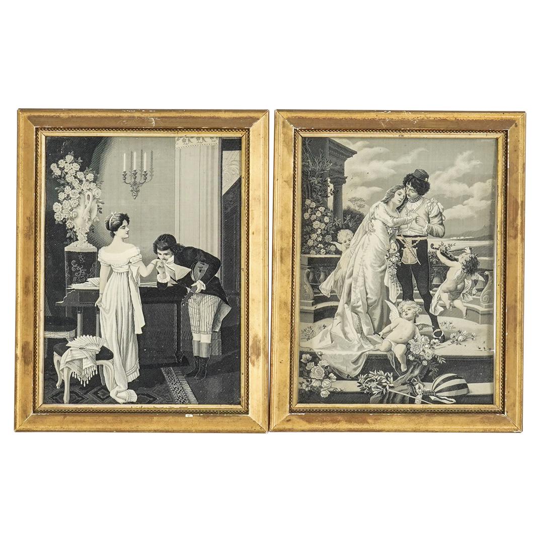 (2 Pc) Framed Fine Silk Domestic Scene Embroideries (1 of 10)