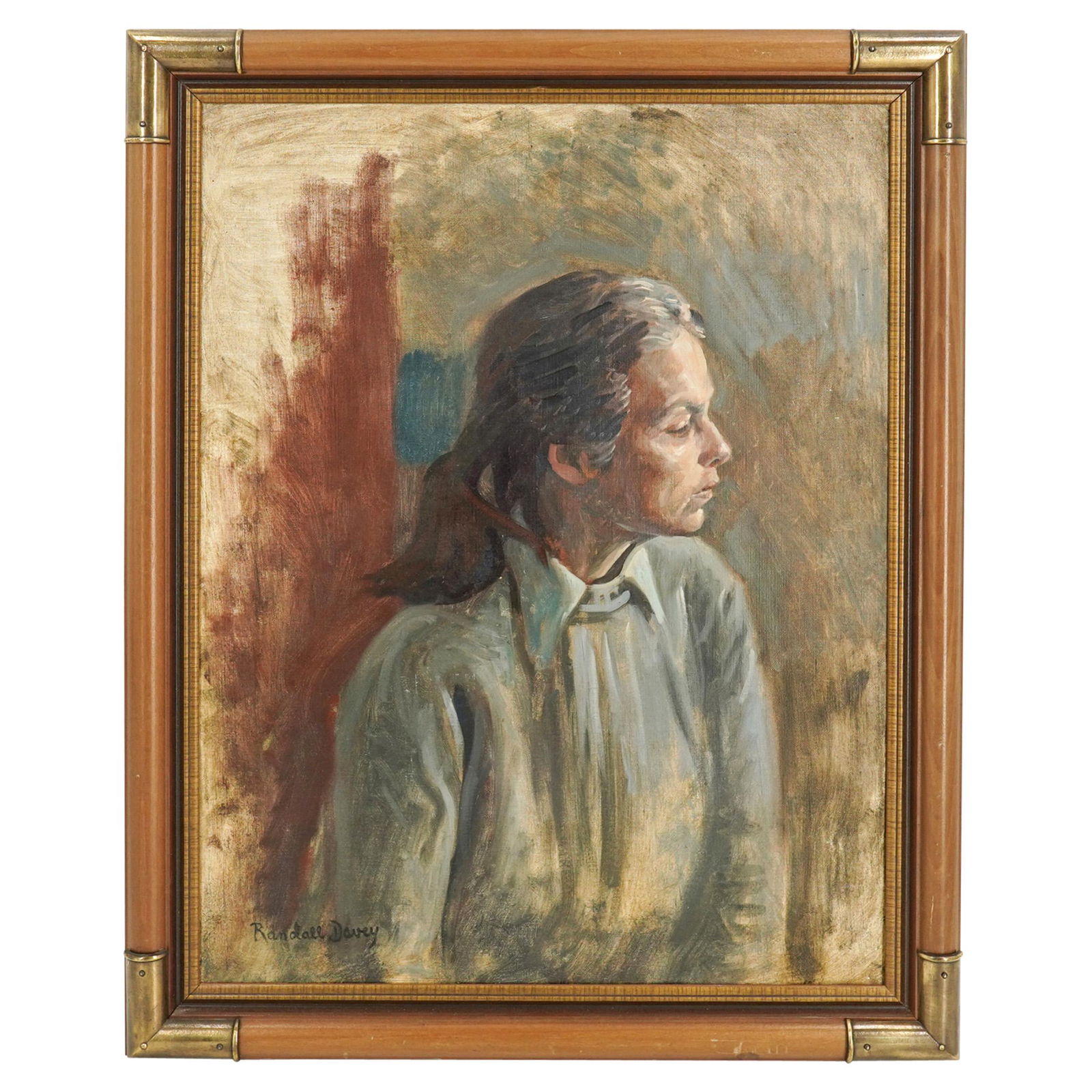Randall Davey (1887-1964) Oil On Canvas Portrait Of A: DESCRIPTION: Signed oil on canvas portrait of a woman by Randall Davey. Piece depicts a woman with a ponytail looking to her left. Framed CIRCA: Early to Mid-20th Century ORIGIN: USA DIMENSIONS: (With