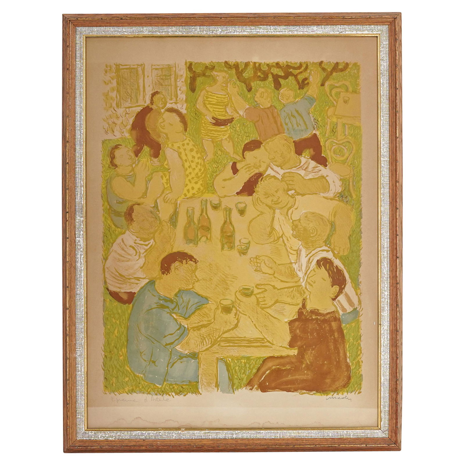 Attrib. To Maurice Savin Signed Lithograph: DESCRIPTION: An attrib. to Maurice Savin (French,1894-1973), signed and framed lithograph depicting several figures, drinking and dancing. Signed on the lower right bottom corner and titled. CIRCA: 20