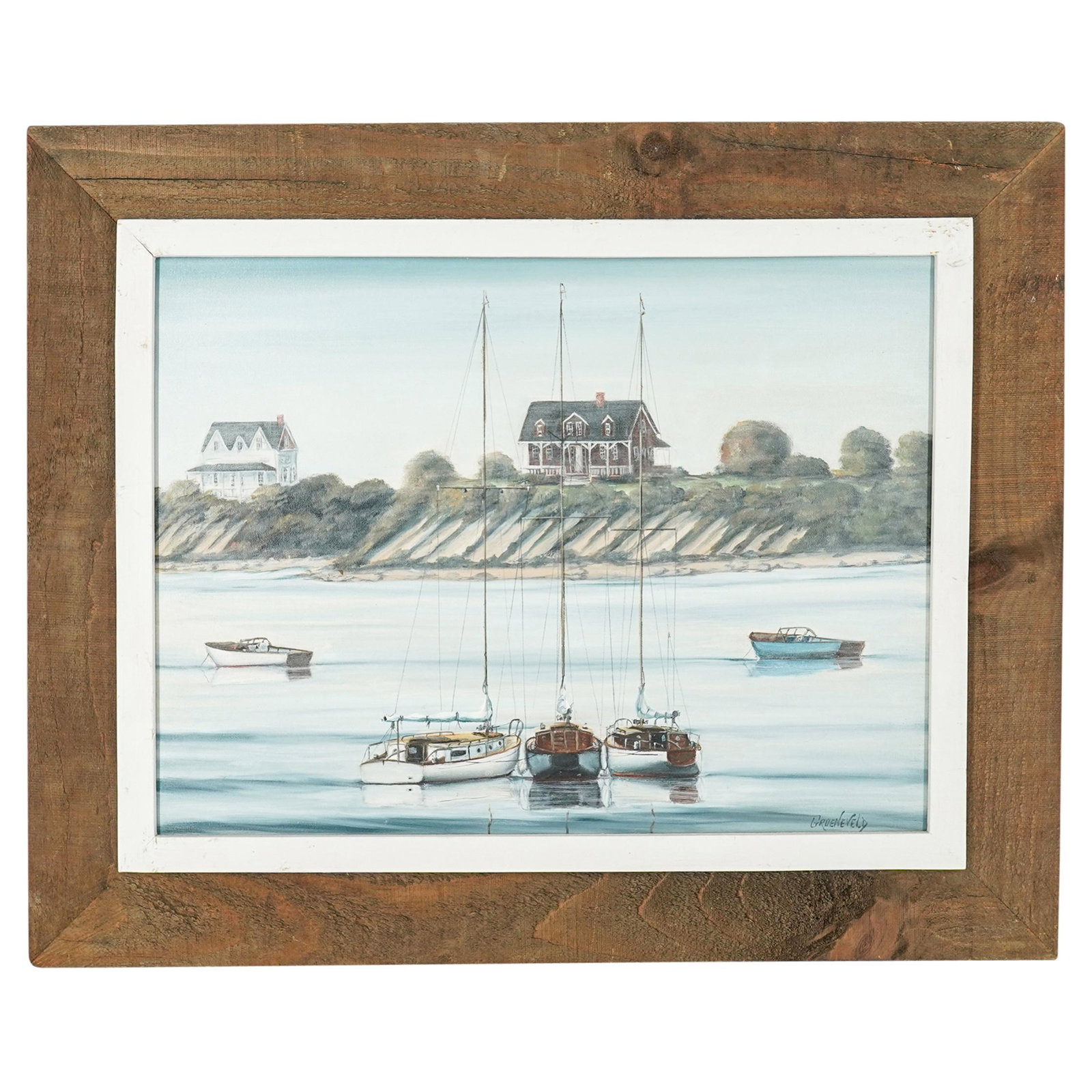 E. Groeneveld (American, 20th Cent.) Marine Oil: DESCRIPTION: A Elinor Killoch Groeneveld (American, 20th Cent.) marine oil painting on canvas depicting a tranquil marine scene with three sailboats as a central motif and a pair of houses as a backdr