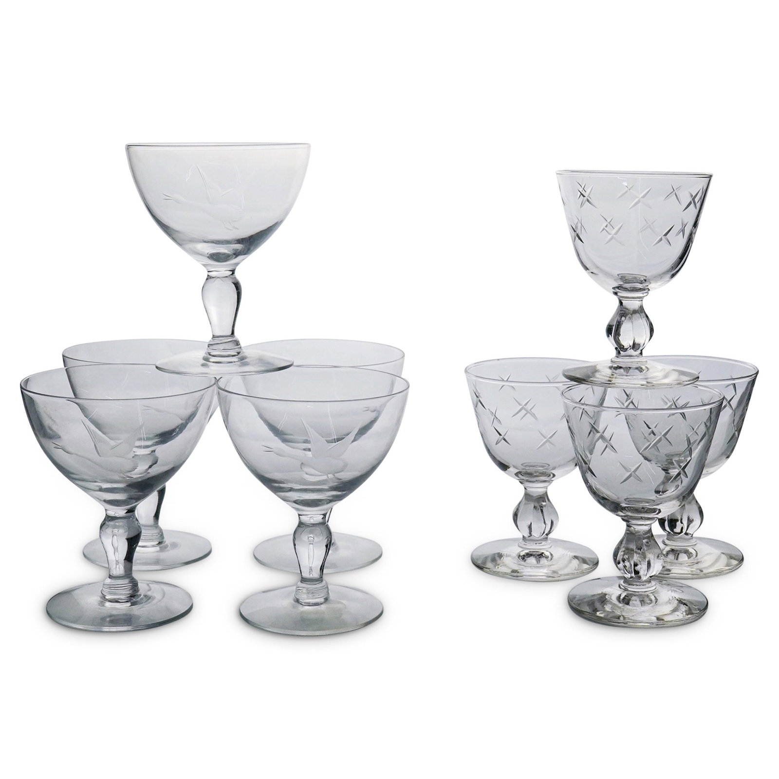 (9 Pc) Mid Century Etched Glassware Grouping Set: DESCRIPTION: (9 Pc) A Mid century etched glassware grouping set. This set includes nine (9) wine footed goblets with etched engraved decorations. CIRCA: 20th Century. DIMENSIONS: H: 4" W: 3 3/8" and H