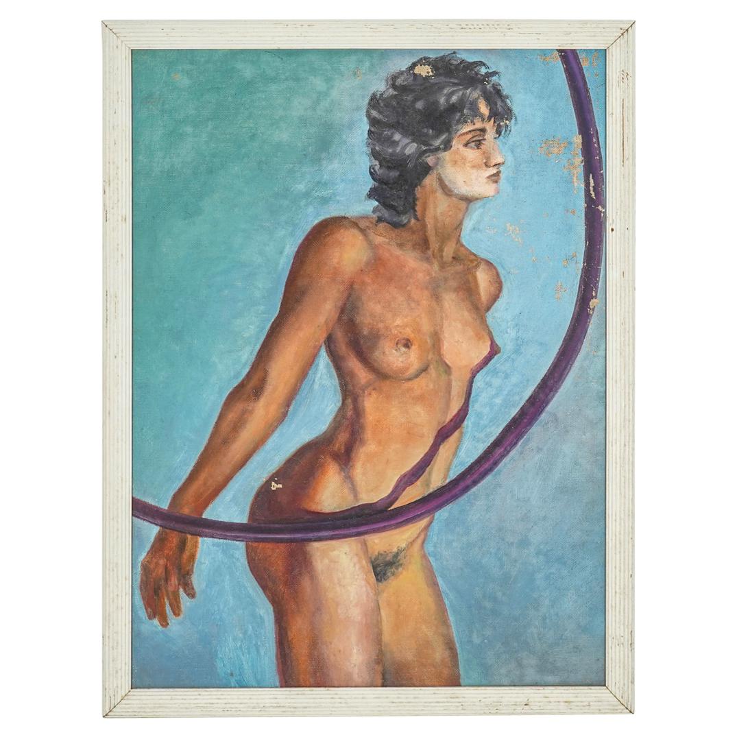 Malikova "Woman With Hoop" Oil On Canvas: DESCRIPTION: Malikova oil on canvas "Woman with Hoop" painting of a nude woman standing in front of a blue background and behind a purple hoop. Signed "ES Malikova", marked "Woman with Hoop x m 60x80