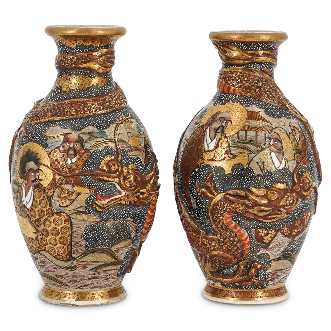 (2 Pc) Pair of Japanese Satsuma Vases (1 of 10)