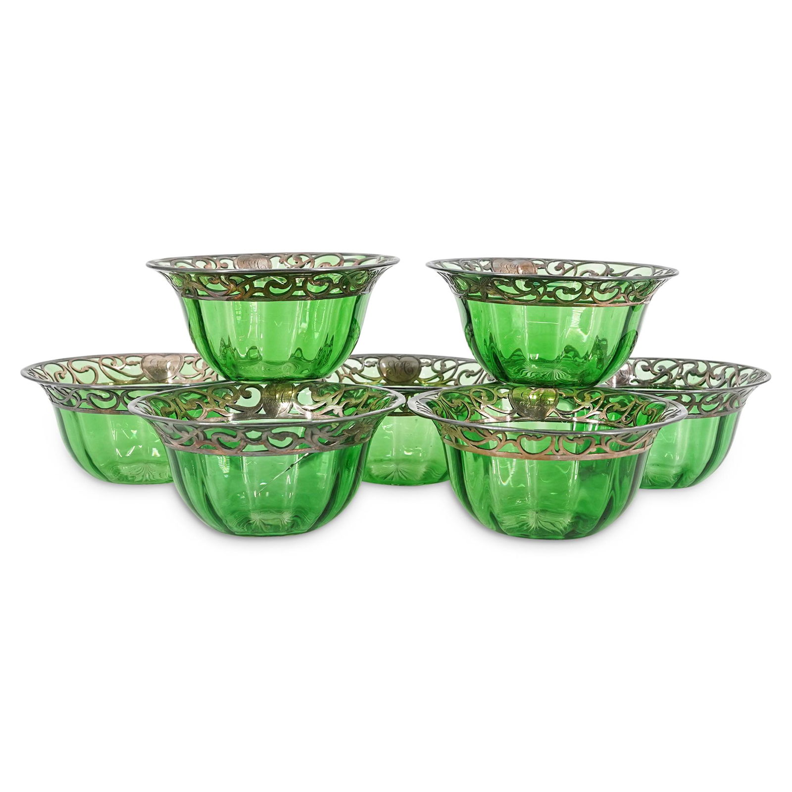 (7Pc) Sterling Silver Overlay Green Glass Bowls (1 of 6)