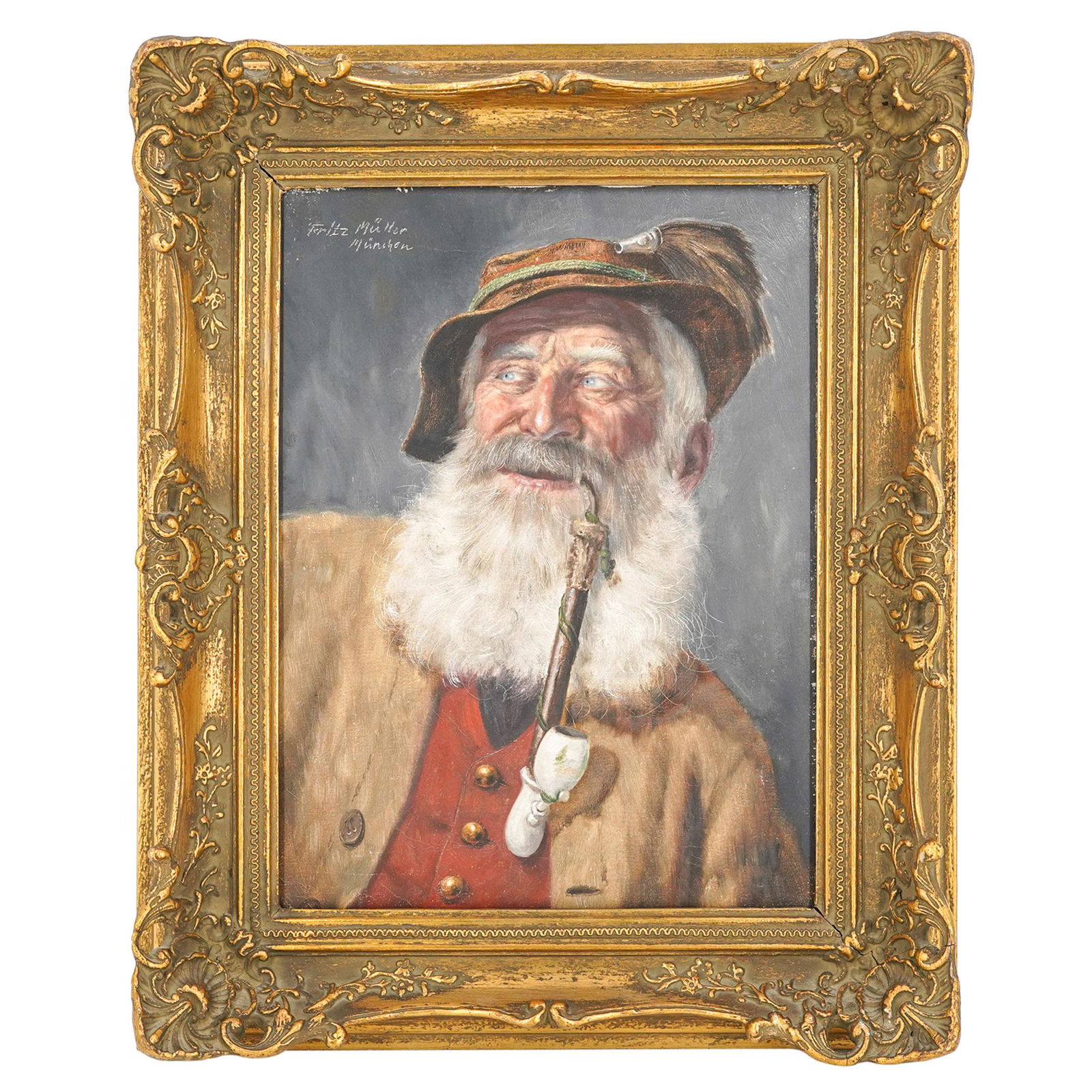 Fritz Muller (German, b. 1897) Oil on Canvas Painting: DESCRIPTION: Fritz Muller (German, b. 1897) Oil on canvas painting featuring an elderly bearded man in hat smoking a pipe. Signed top left: "Fritz Muller, Minchen" mounted in a gilt carved frame. CIRC