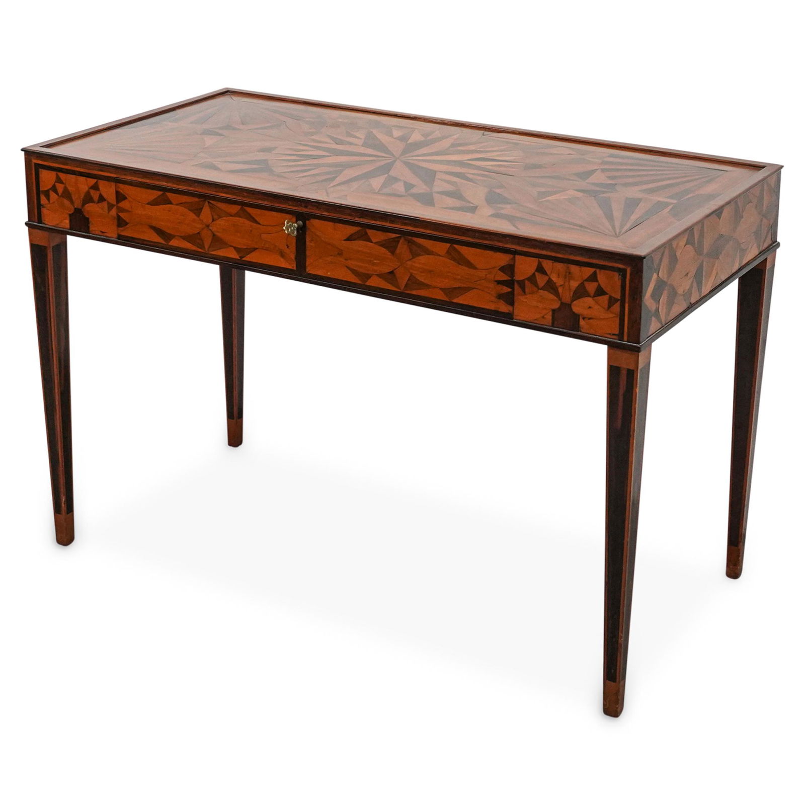 Antique French Marquetry Wood Desk: DESCRIPTION: An antique French marquetry wood desk with rectangular form. Features fine inlaid marquetry mosaic designs along the top and sides with center pull out drawer, and keyhole lock entree, fi
