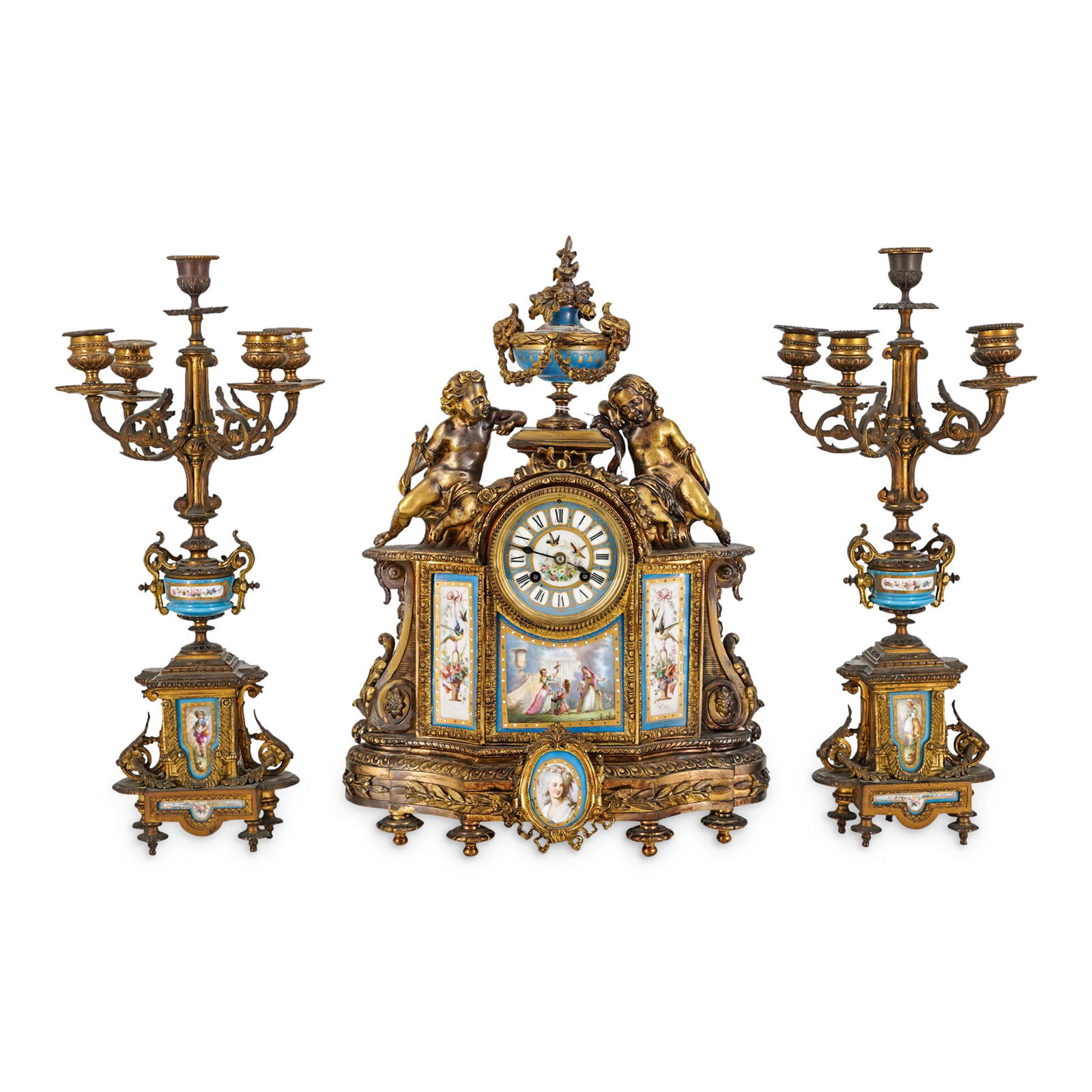 19th Cent. Sevres Porcelain & Bronze Clock Set (1 of 15)