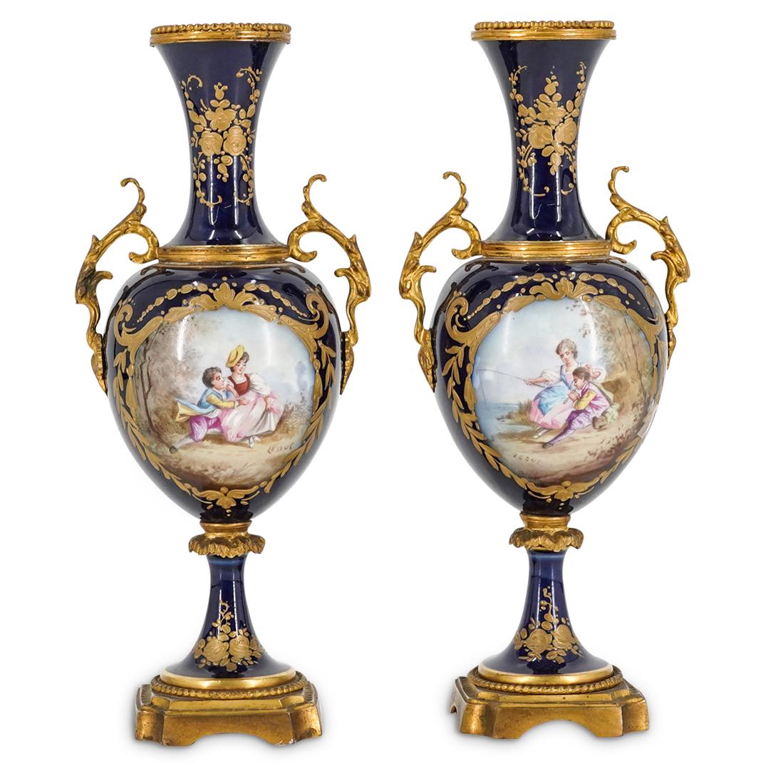 Pair Of Antique Cobalt Blue French Sevres Urns (1 of 14)