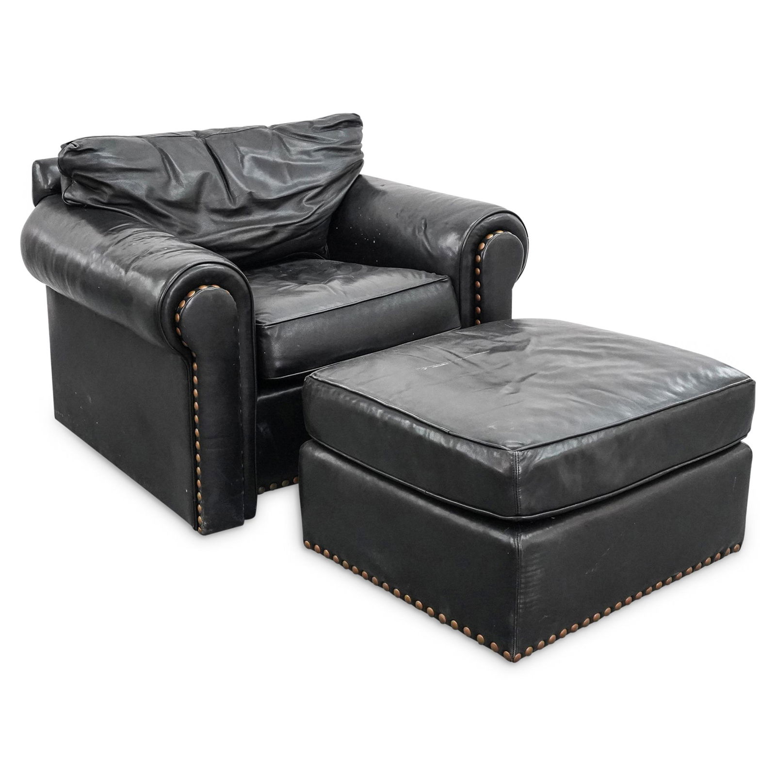 Henredon Leather Co. Club Chair & Ottoman: DESCRIPTION: A Henredon Leather Co. club chair with matching ottoman in black leather. Provenance: From the Versace Mansion in Miami Beach, Florida. USA. CIRCA: 20th Century. DIMENSIONS: H: 30" W: 41