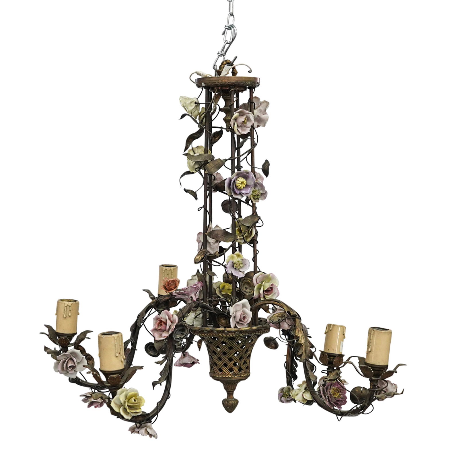 Bronze Chandelier With Porcelain Flowers: DESCRIPTION: Bronze chandelier with five arms, each with one light socket, extending from a center resembling a wicker basket. Each arm is decorated with foliage designs and porcelain and bronze flowe