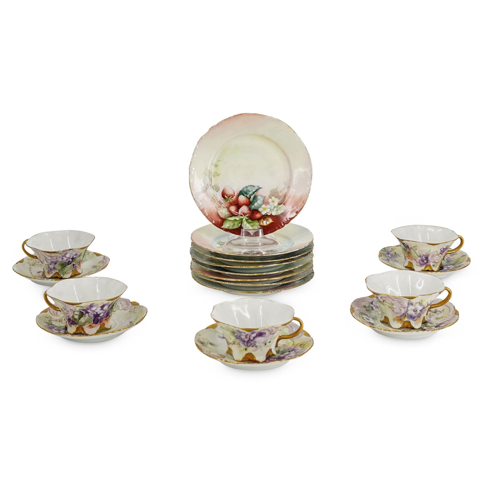 (19 Pc) Royal Crown "Versailles" Bavaria Porcelain Cups: DESCRIPTION: (19 Pc) A Royal Crown "Versailles" Bavaria porcelain tea cups & dessert plates decorated with painted floral motifs. Marked with the "Royal Crown Versailles" Bavaria hallmark in green. Th