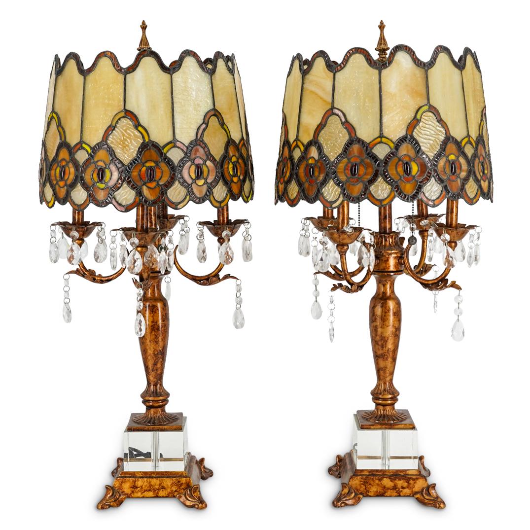 (2 Pc) Vintage Table Lamps With Stained Glass Shades (1 of 9)