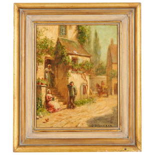 Percival DeLuce (1847-1914) Oil On Canvas: DESCRIPTION: Framed oil on canvas painting by Percival De Luce of a scene in front of a house. Signed at bottom right: "P. DeLuce ANA". CIRCA: 20th Century ORIGIN: USA DIMENSIONS: (With Frame) H: 13.5