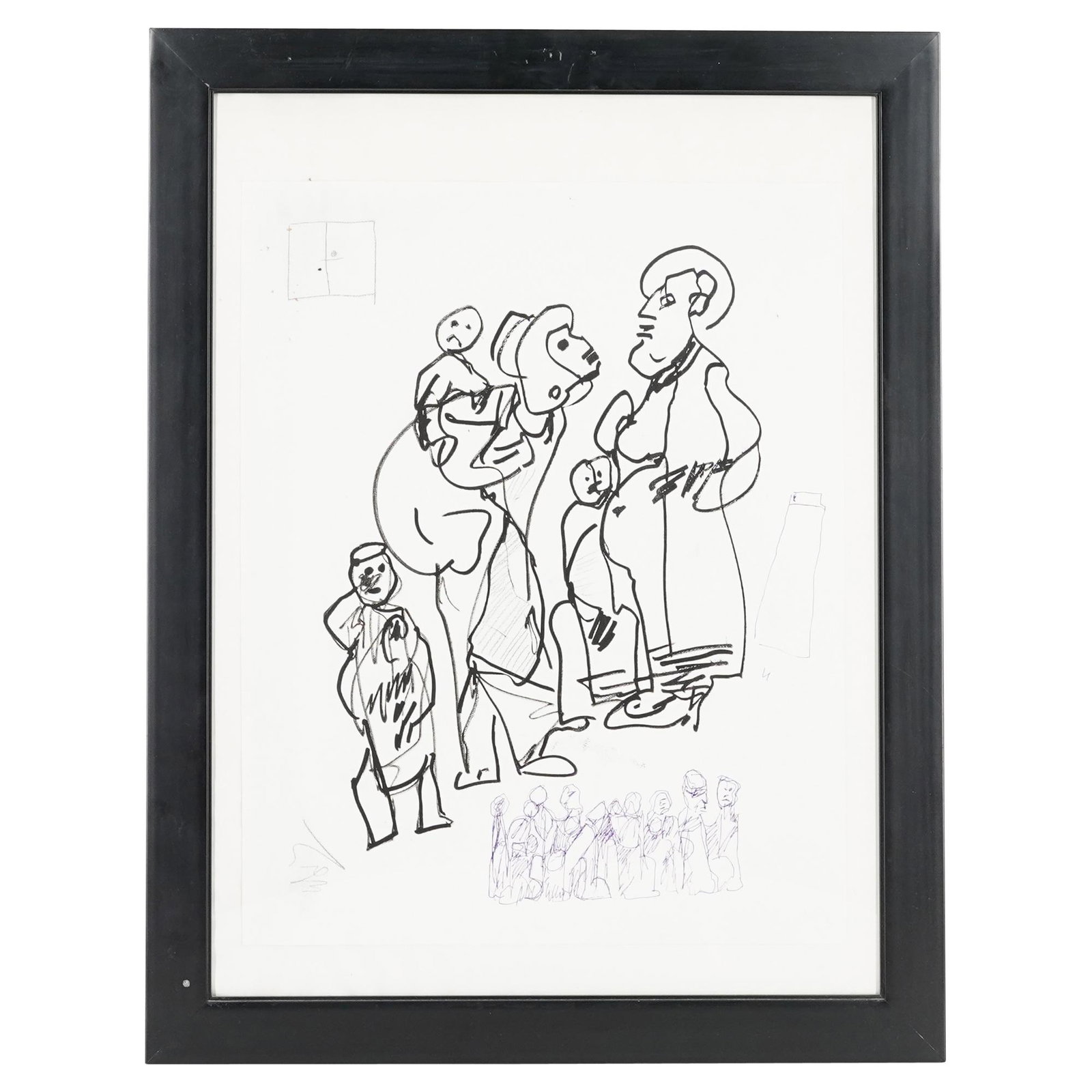 Amram Ebgi Ink on Canvas Illustration: DESCRIPTION: Amram Ebgi (Israeli/American) Original ink on canvas illustration depicting an abstract figural image in black ink marker with blue ink pen sketch below. Pencil signed at lower left. Moun