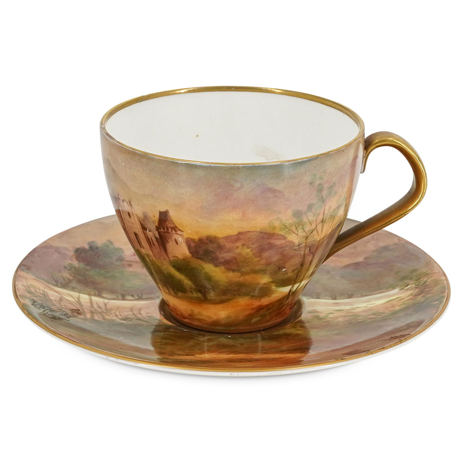 (2 Pc) Royal Worcester Saucer & Tea Cup Porcelain Set: DESCRIPTION: (2 Pc) A Royal Worcester bone china porcelain set, including one (1) saucer plate and one (1) tea cup. Both pieces are hand painted with a landscape motif with a castle and mountains as a