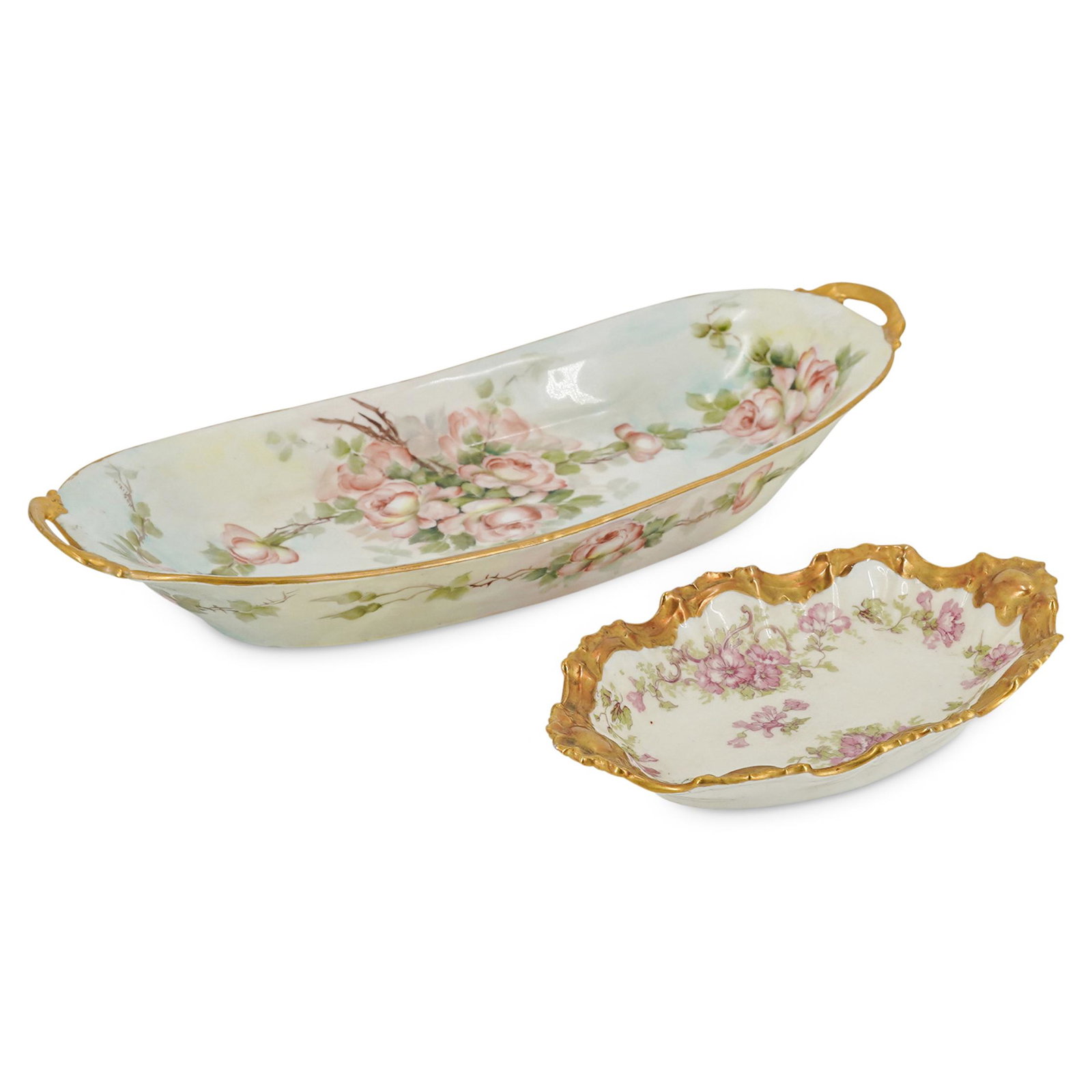 (2) Antique French Limoges Hand Painted Serving Bowls: DESCRIPTION: (2 Pc) A Pair of antique french Limoges porcelain serving bowls with hand painted floral decorations and further embellished with a gold gilt rim. Marked with the "Limoges France" hallmar