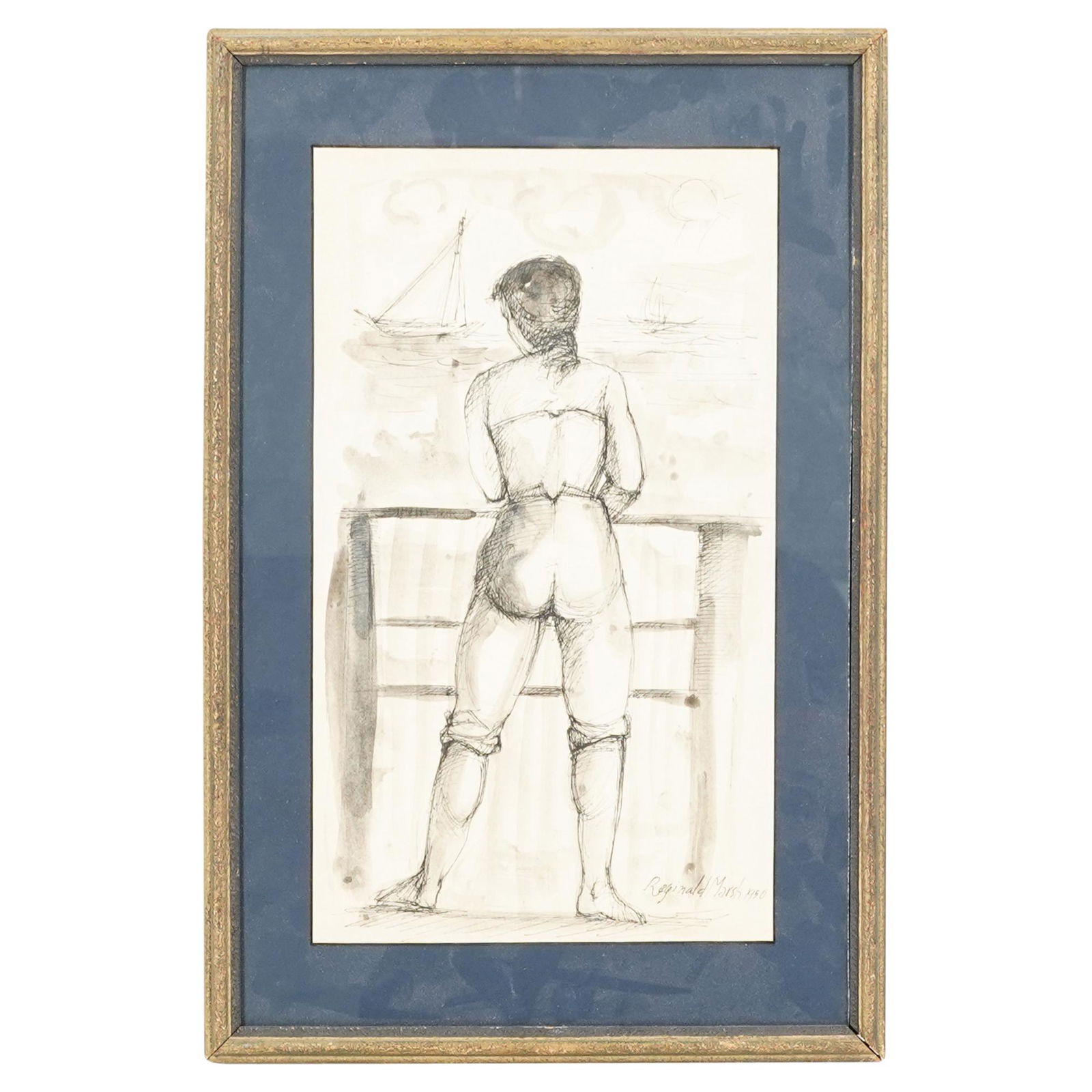 Attrib. to Reginald Marsh (American 1898) Watercolor &: DESCRIPTION: Attrib. to Reginald Marsh (American 1898-1954) watercolor and ink on paper signed painting. Depicts a figure by a veranda, and overlooking the sea shore. Reginald Marsh was an American pa