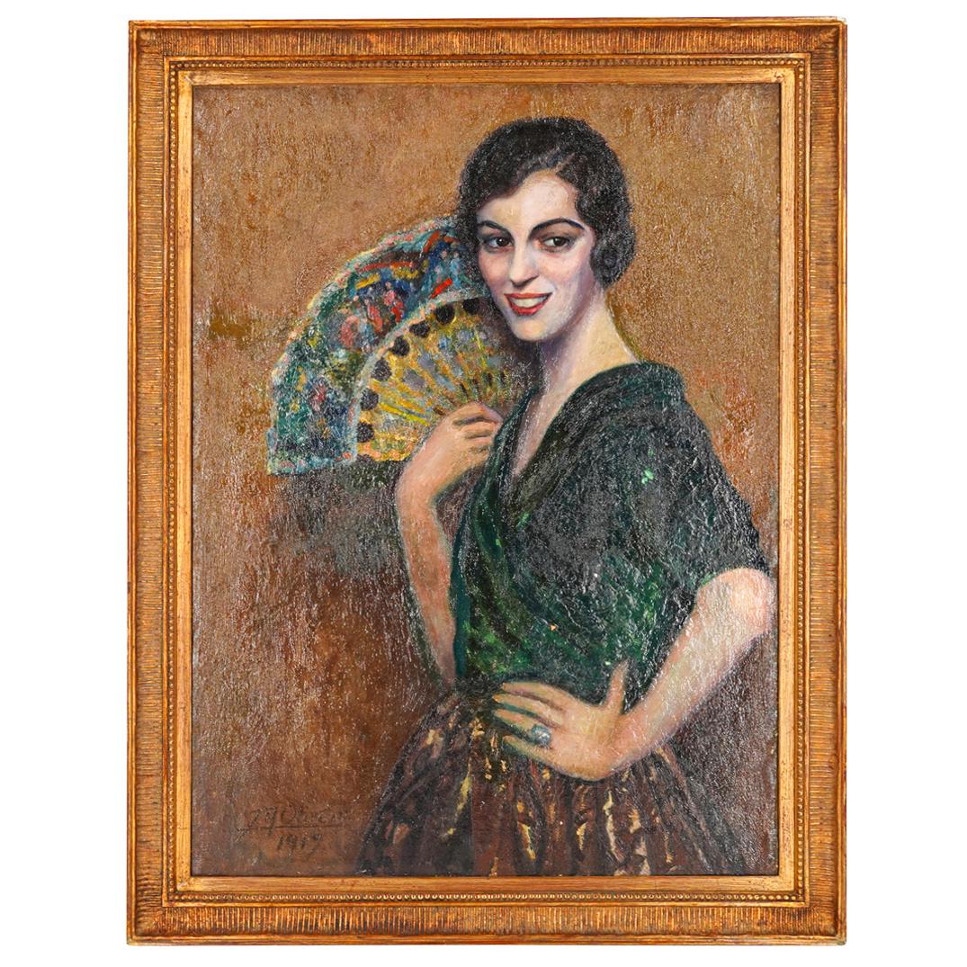 Antique J.M Oliver Oil Painting On Canvas: DESCRIPTION: An antique oil painting on canvas depicting the portrait of a smiling lady in the art deco style, facing left side and holding an open chinoiserie fan. Signed "JM. Oliver 1919" on the low