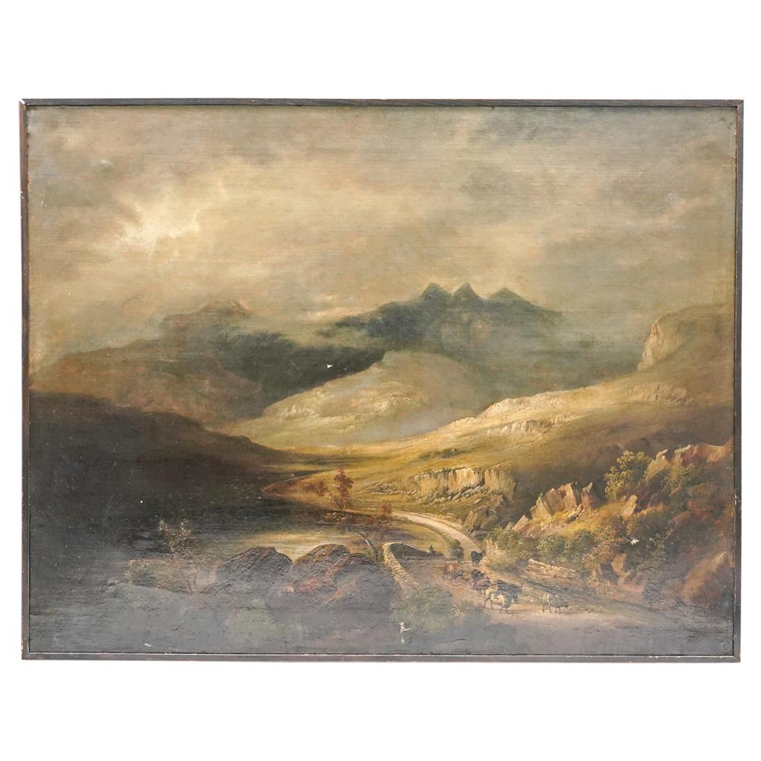 Oil On Canvas Landscape With Cattle: DESCRIPTION: Framed oil on canvas landscape of hill country with cattle walking along a road. Signed and dated at bottom, right of middle: J. [illegible] 1828". CIRCA: 1828 ORIGIN: European DIMENSIONS