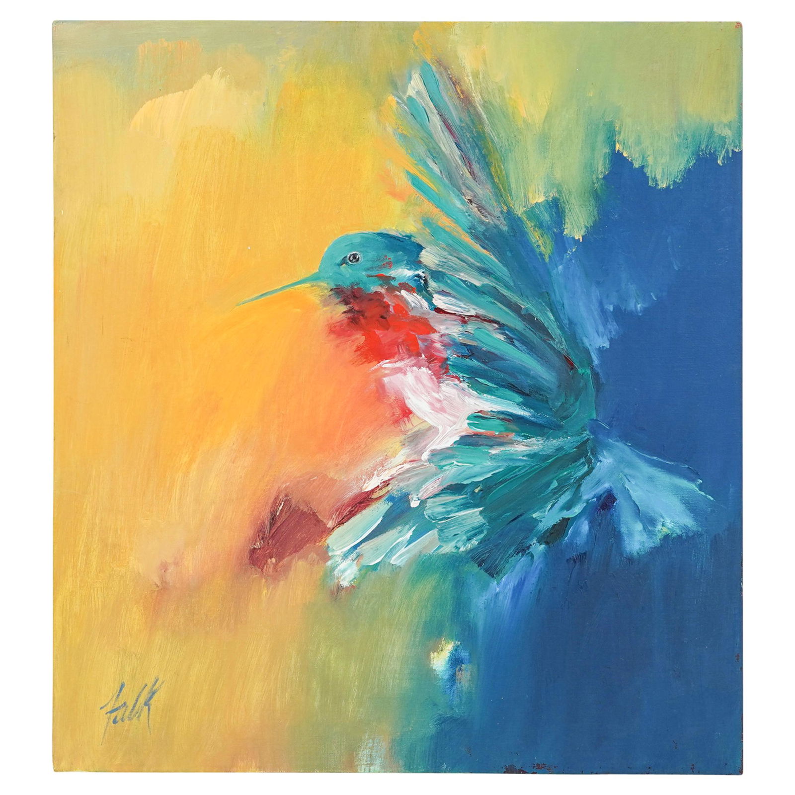 Agathe "Gathie" Falk (b. 1928) Hummingbird Oil On: DESCRIPTION: Oil on canvas painting of a hummingbird against a colorful background by Agathe "Gathie" Falk. signed "Falk" at bottom left. CIRCA: 20th Century ORIGIN: Canada DIMENSIONS: H: 24.25" x W: