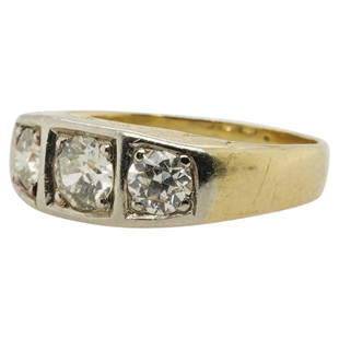 18k Gold and Diamond Ring: DESCRIPTION: An 18k yellow gold ring centered by three round cut Diamonds amounting to approx. 1.3cts, completed with etched patterns along the rim. Total Weight: 3.7 dwt CIRCA: 1980s-1990s ORIGIN: