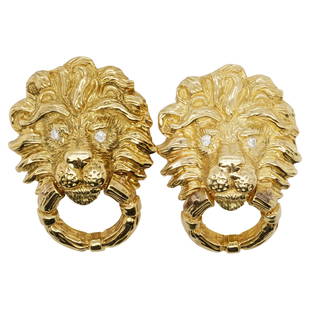 Van Cleef Style 18k Gold and Diamond Lion Earrings: DESCRIPTION: A pair of Van Cleef style "Tete De Lion" or Guardian Lions earrings. Comprised of 18k yellow gold inset with Diamonds at the eyes, stamped along the back "18k KI". Total Weight: 24.8 dwt