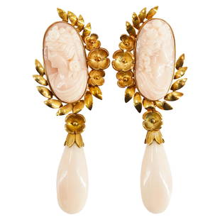 Jul Hugler 18k Gold Cameo Drop Earrings: DESCRIPTION: A Pair of Vintage Jul Hugler Earrings comprised of an 18k gold foundation with floral vine designs, centered by a Coral carved Cameo and Coral drops. Stamped "JH" and "750" Total Weight: