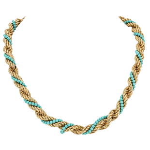 18k Gold and Turquoise Braided Rope Necklace: DESCRIPTION: an 18k yellow braided rope necklace intertwined with a beaded Turquoise threading, finished with a box chain stamped "750" with Italian hallmarks. Total Weight: 38.4 dwt CIRCA: Mid-Late 2